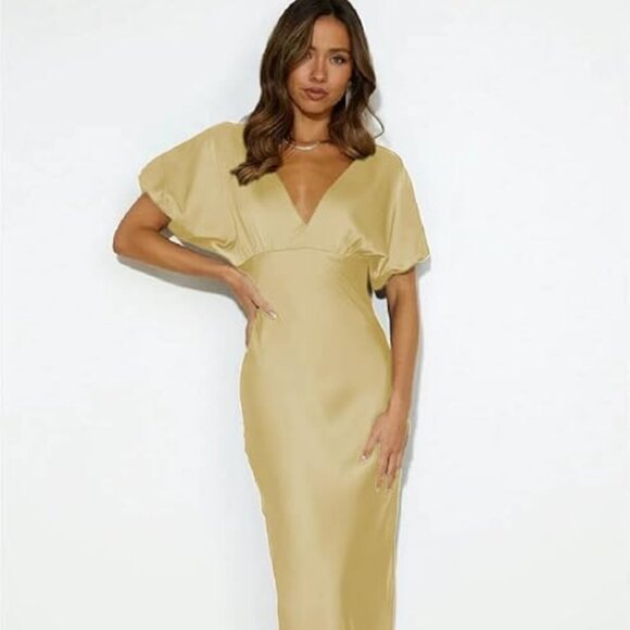 Lopath Yellow Satin Open Back Puff Sleeve Party Wedding Guest Formal Midi Dress - Picture 6 of 6